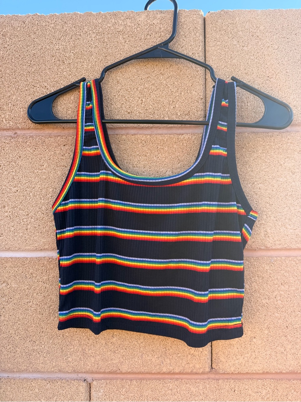 SHEIN Black Ribbed Crop Tank with Rainbow Stripes